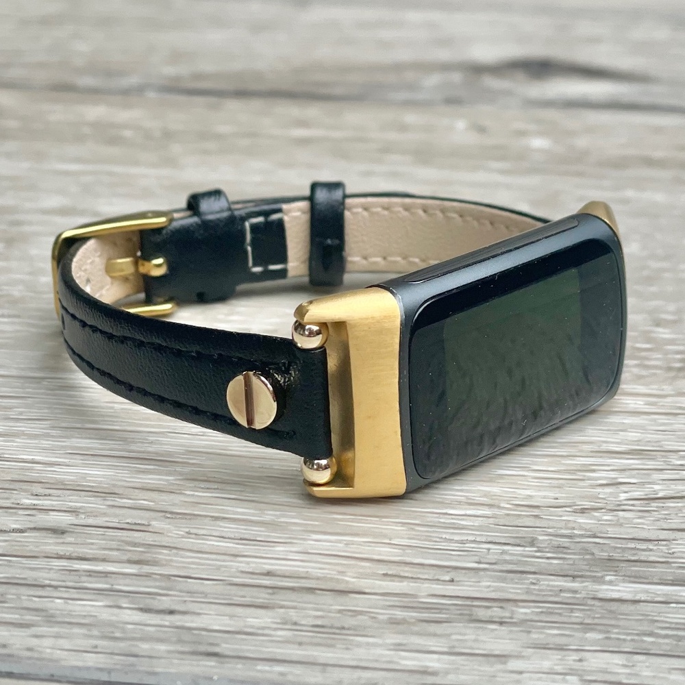 Fitbit Charge 6 Band Slim Leather Strap, Adjustable Size Bracelet Gold Accents